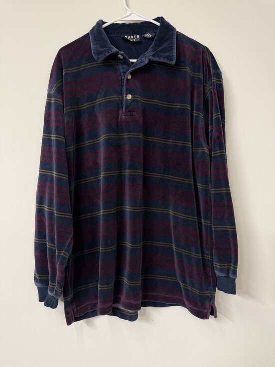 Trader Bay Other - Vtg Velour Polo Shirt Men’s Large Trader Bay Striped Horizontal Long Sleeve Blue